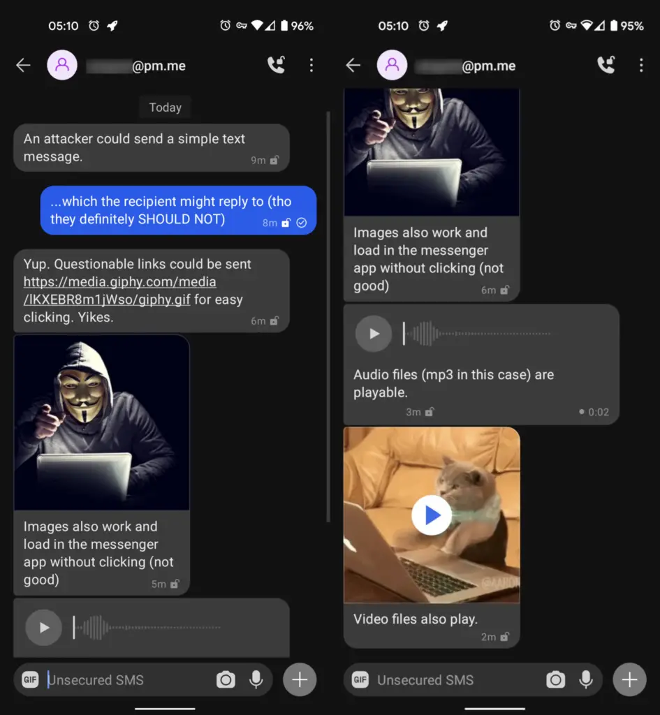 Screenshots showing delivered SMS/MMS texts, link, and multimedia from insecure email gateway avoiding text tracing