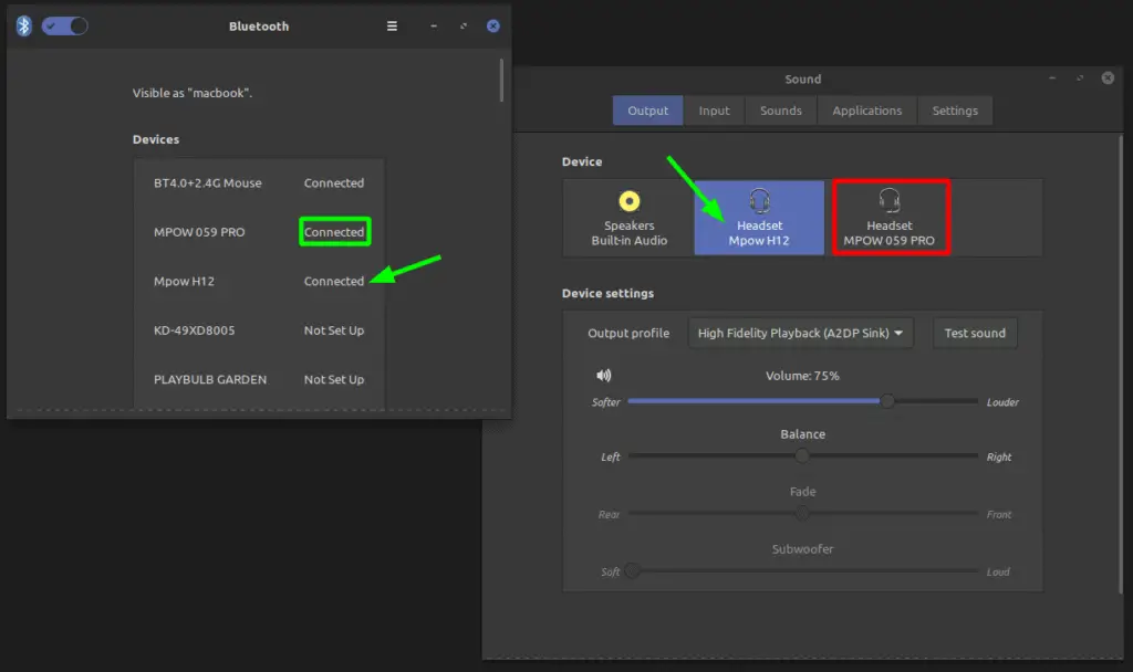 Screenshot showing headphones with a dual connection Bluetooth but only one receiving the audio.
