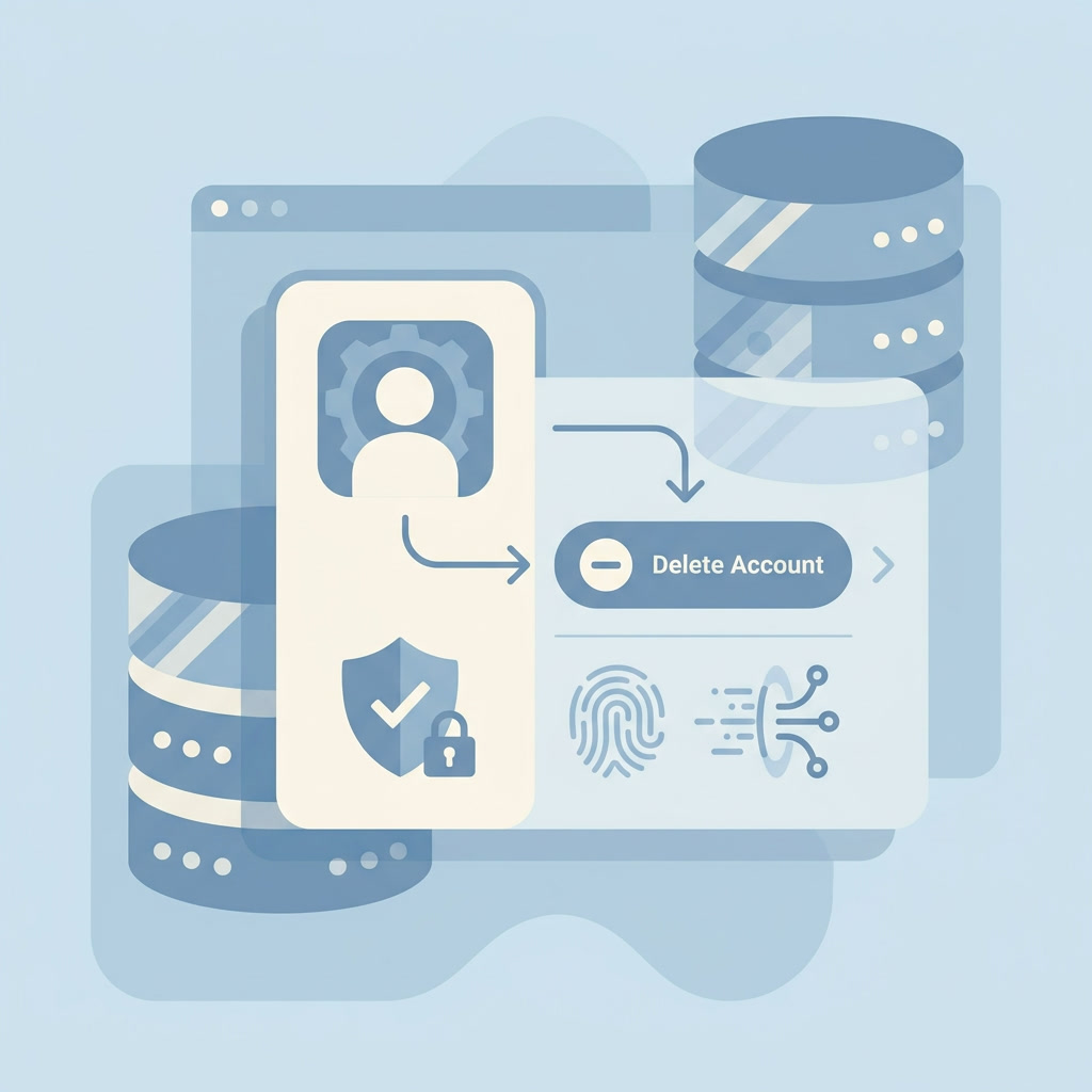 An account deletion settings page: requesting personal data deletion so the company's servers no longer retain your residual account data, completing the app data deletion process for privacy