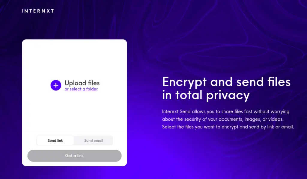 Screenshot of Internxt Send website