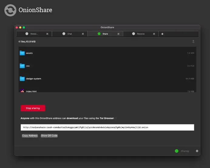 Screenshot of OnionShare logo and app