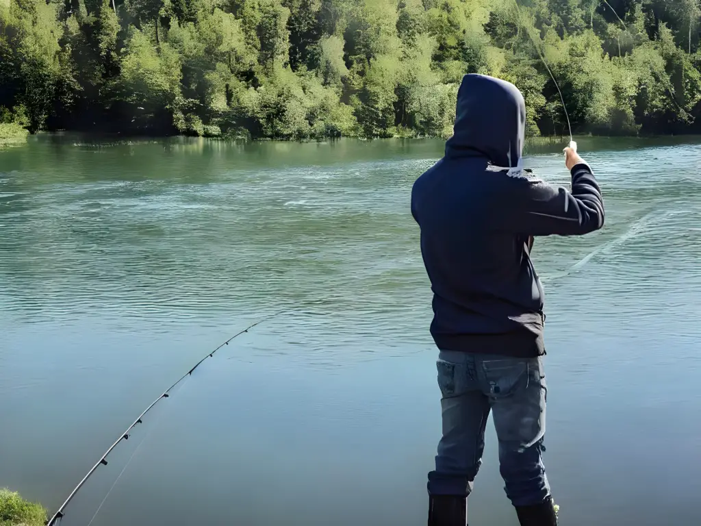 Hacker in a hoodie fishing along a river hoping someone's used a free number for WhatsApp