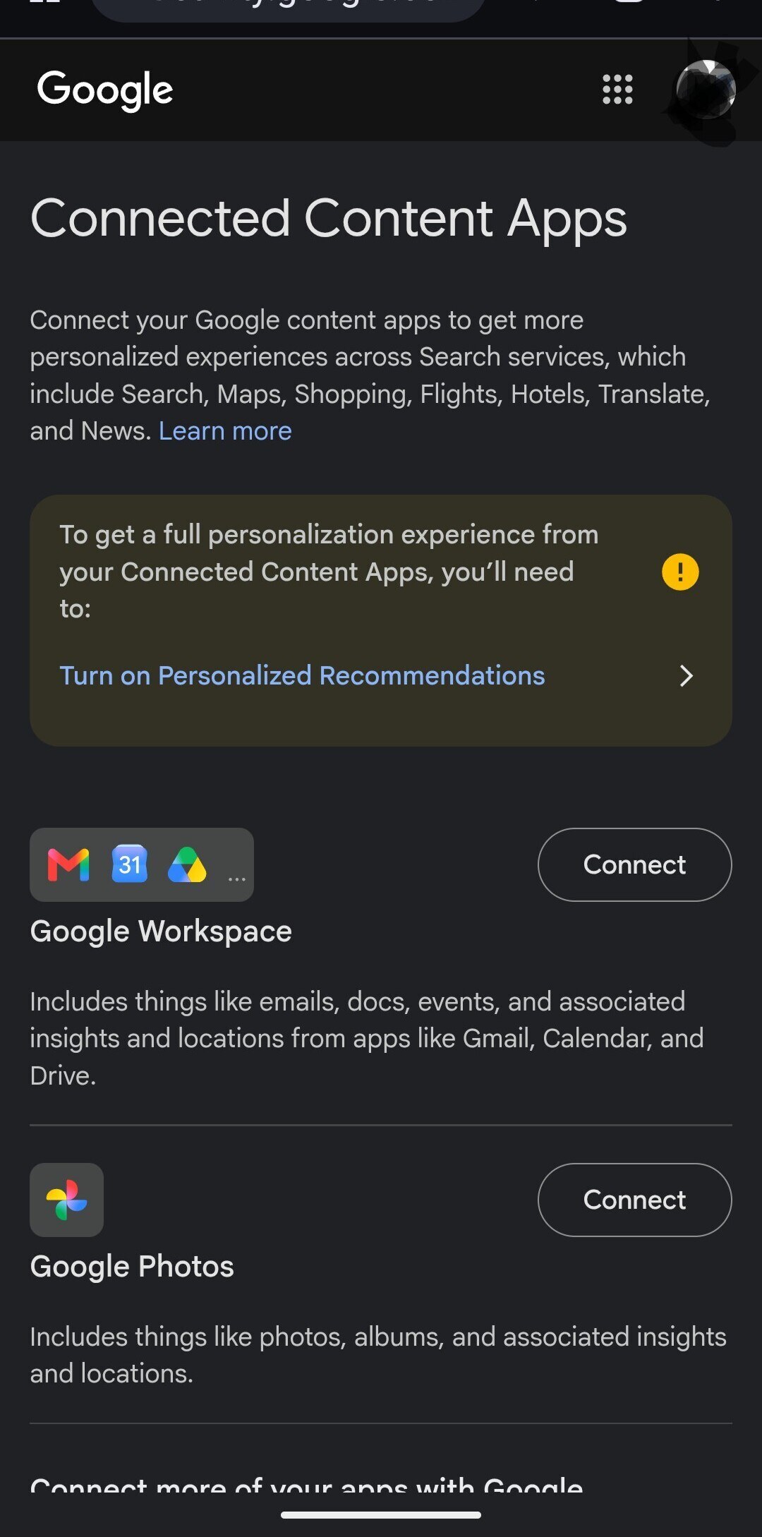 Screenshot of the Connected Content apps screen in Google Account settings, where sources of google personalized ads are disconnected as part of personal intelligence privacy controls