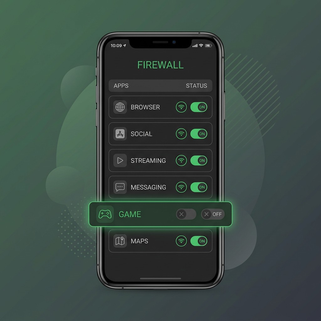 Phone screen showing a firewall app with a keyboard's network access toggled off