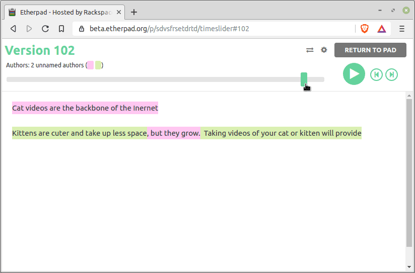 Screenshot of Etherpad showing a secure notes app
