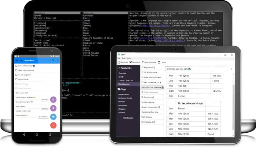 Hero image showing the encrypted notes app, Joplin, on a laptop, tablet, and smartphone