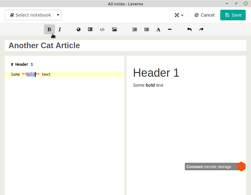 Screenshot of the private notes app Laverna.=