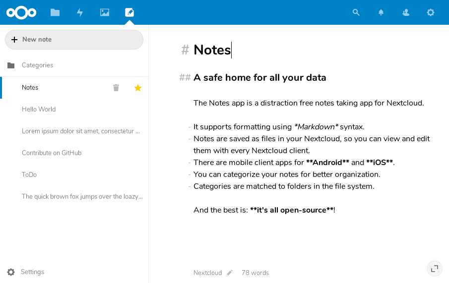 Screenshot of the self-hosted private notes app on NextCloud