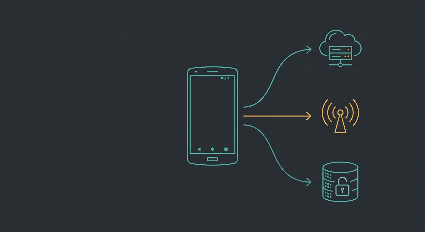 Diagram of keyboard data collection risks on an Android phone, showing three paths data can take off the device