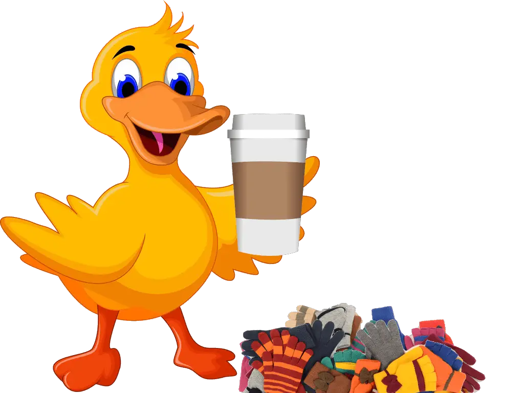 Vector graphic of a cartoon duck holding a to-go cup of coffee next to a horribly-photoshopped pile of 14 gloves