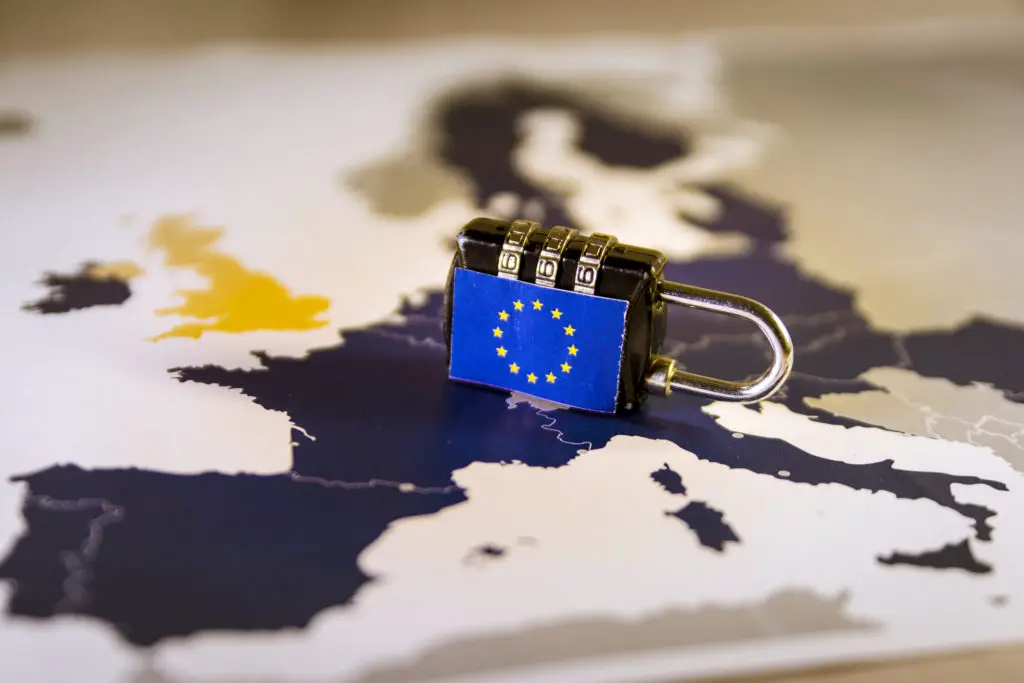 Map of europe with a padlock with eu flag symbolizing gdpr's password leak laws