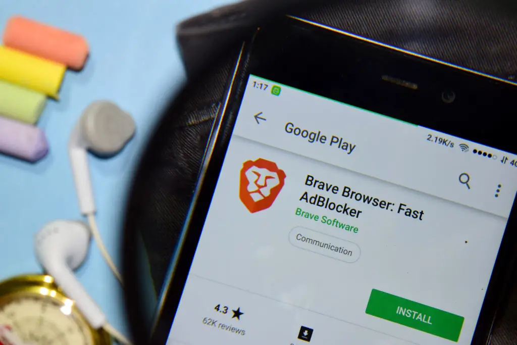 Cell phone showing brave install page on google play store.