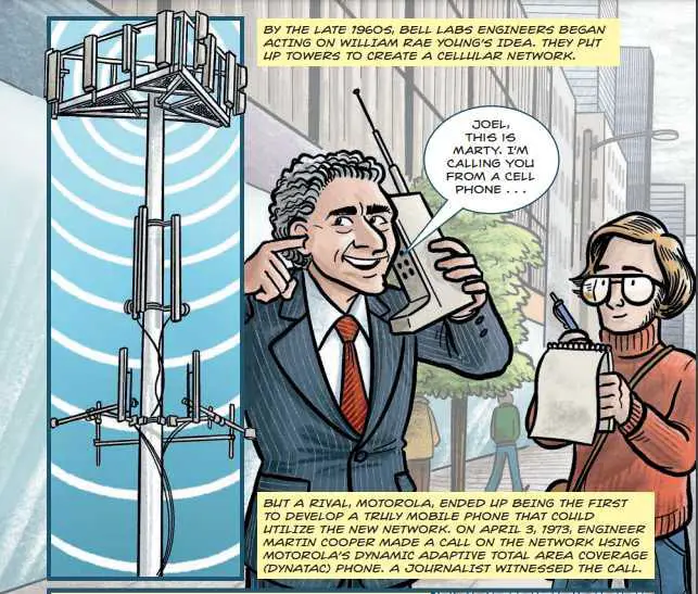 A cartoon of martin cooper making the world's first cellular phone call from a street in new york city to his rival at bell labs, joel engel.
