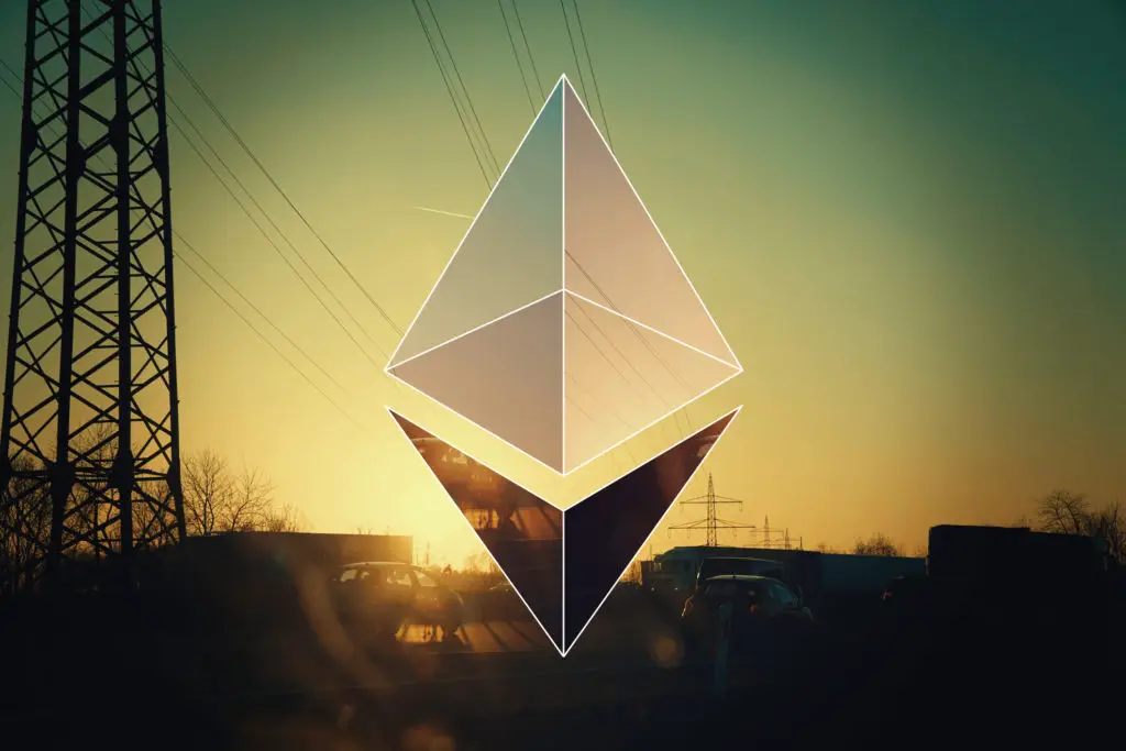 Ethereum symbol in front of a skyline showing powerlines.