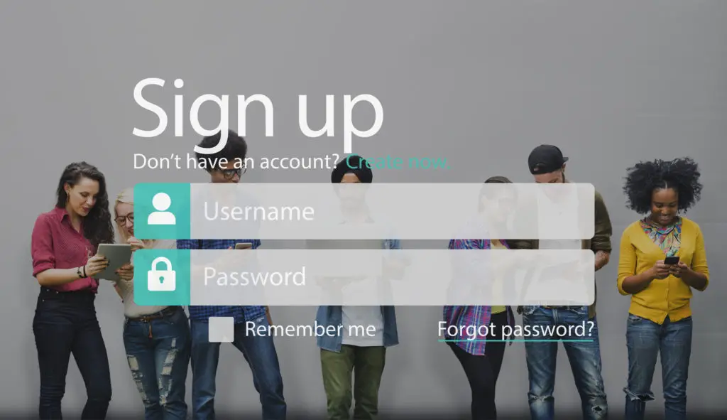 A group of diverse people using different devices behind a sign up/login graphic.