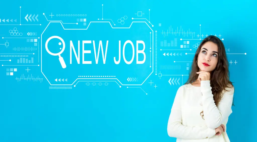 Woman with a thoughtful expression in front of blue background showing a search for new tech jobs