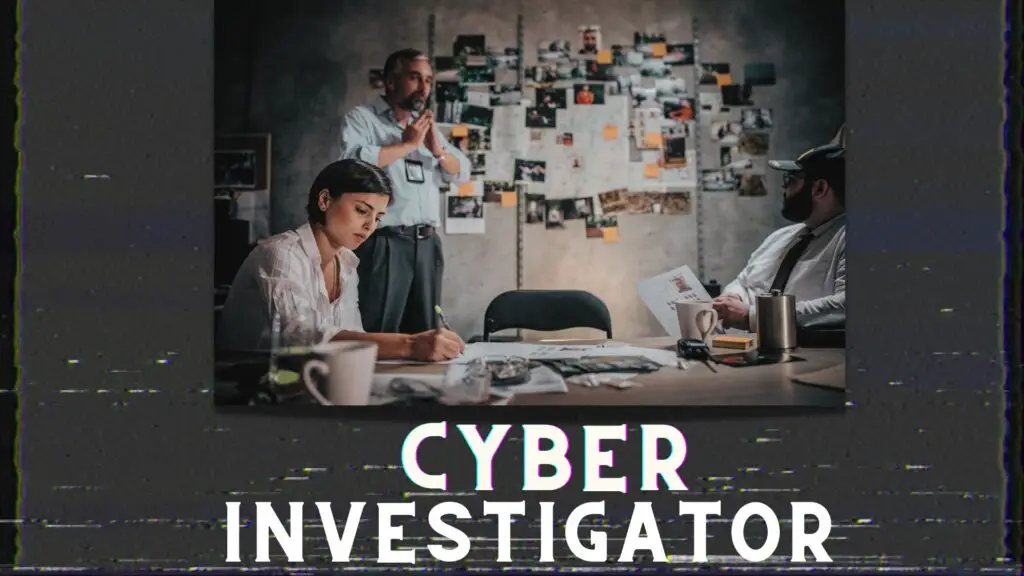 Three cyber investigators at the police station trying to solve a cyber crime. One wall of the room is filled with pictures and other pieces of data they have gathered