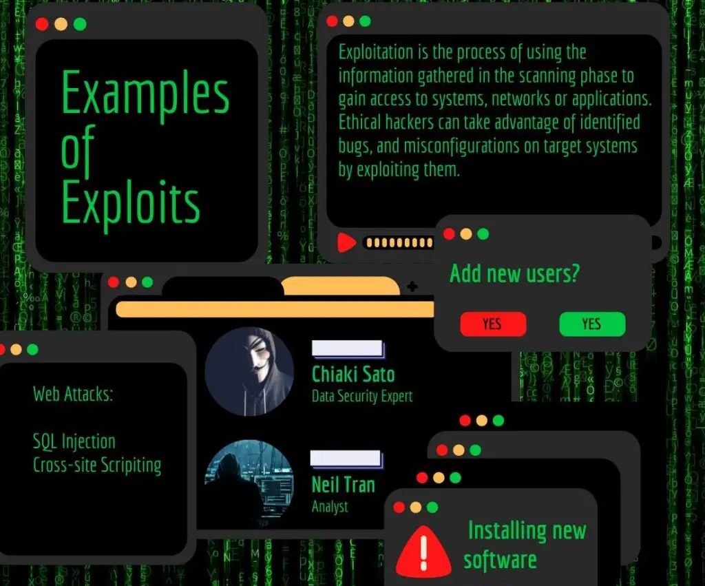 Examples of exploits on target systems and networks