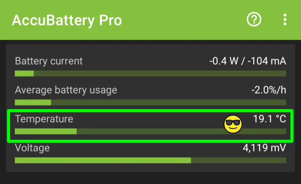 Acccubattery pro screenshot showing internal smartphone temperature