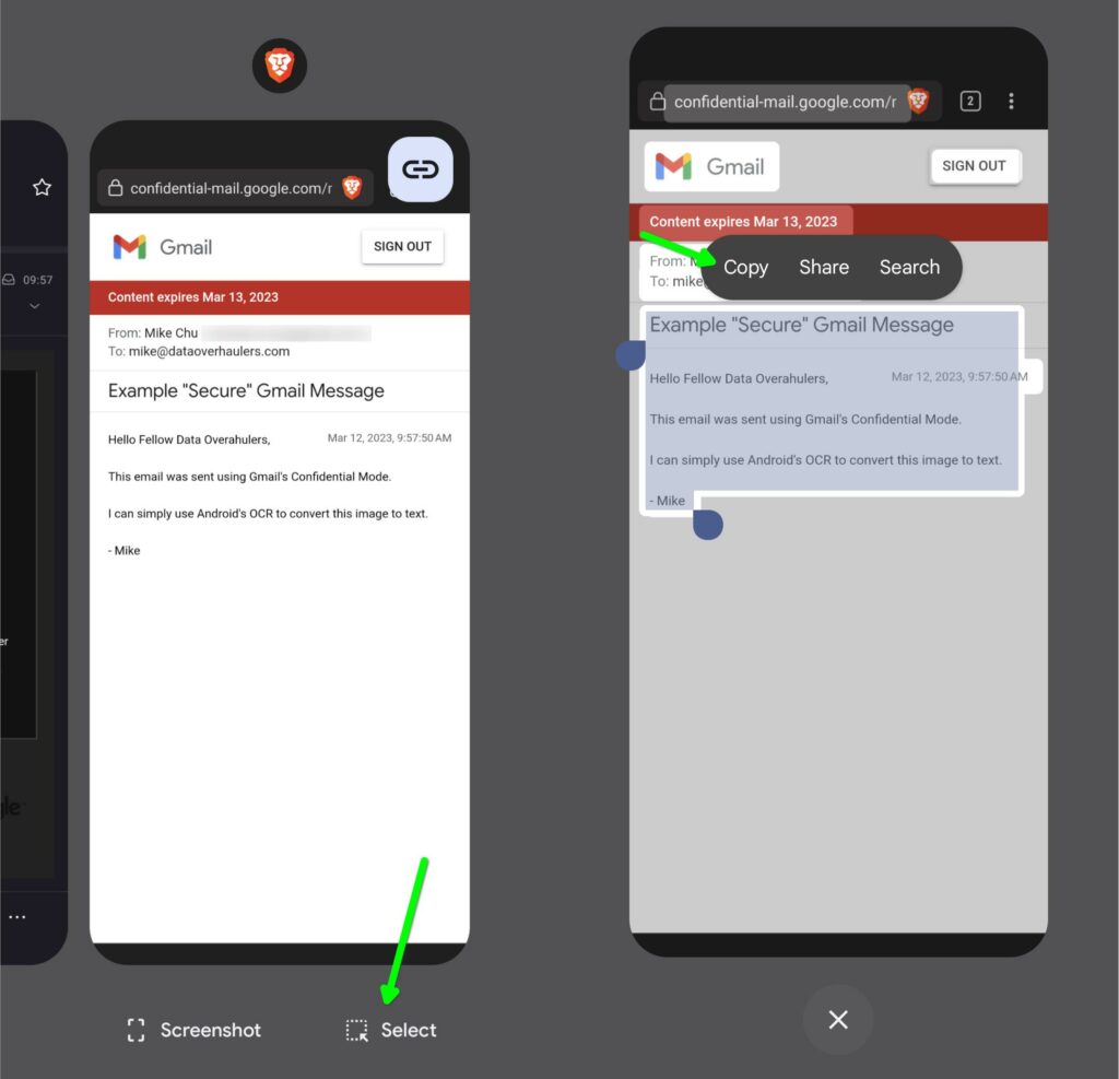 Two screenshots of a gmail confidential mode email being read through ocr on android's recent apps menu.