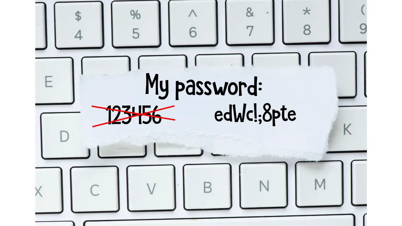 A keyboard with a sticky note displaying a dangerously easy password '123456', marked with a cross symbol. Adjacent to it is a recommended alternative: a stronger password consisting of a combination of letters, numbers, and symbols. The image emphasizes the vulnerability posed by weak passwords, highlighting the risk of device hacking and potential theft of personal information.