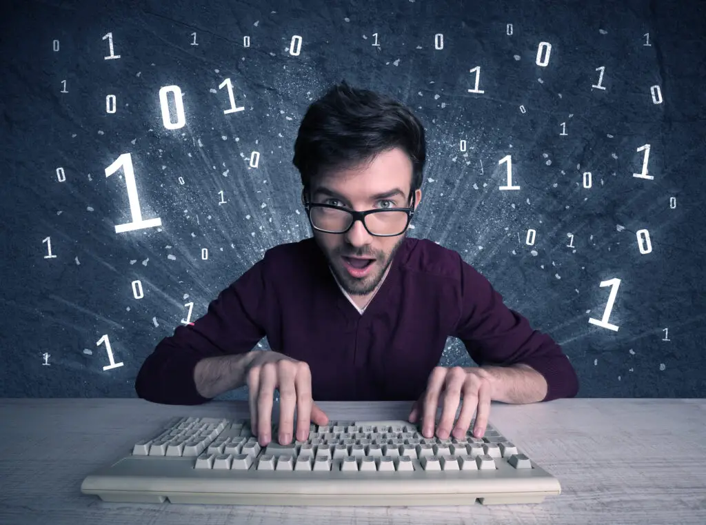 Humorous geeky guy typing, with a background illustration of binary numbers, representing the importance of password entropy