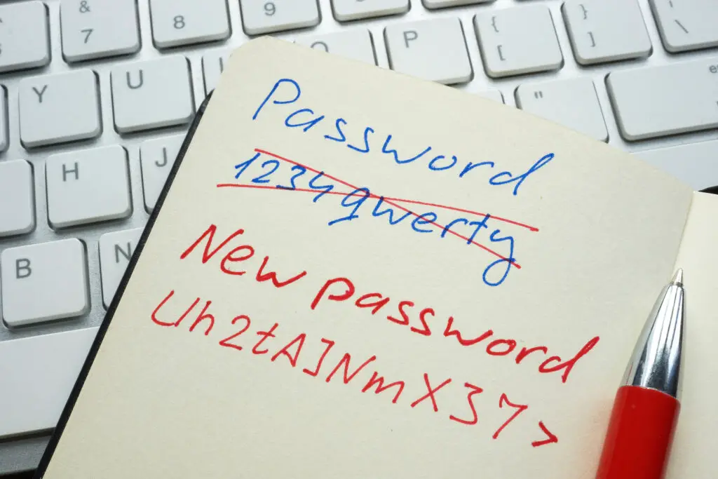 Notepad displaying old and new passwords, emphasizing the role of password entropy in updating security credentials
